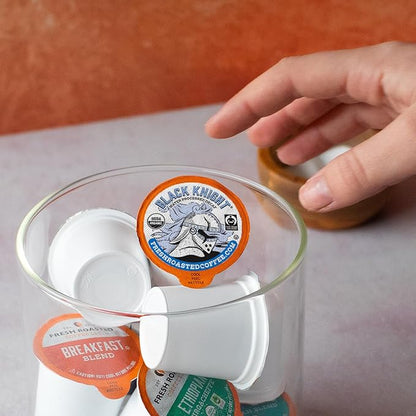 Fresh Roasted Coffee, Organic Black Knight Water-Processed Decaf | USDA Organic, Kosher | Dark Roast | 72 Pods for K Cup Brewers