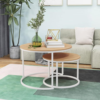 Round Coffee Table Set of 2 End Table for Living Room,Stacking Side Tables,Sturdy& Easy Assembly,Wood Look Accent Furniture with Metal Frame,Industrial/Modern Coffee Table White+Teak OAKDK