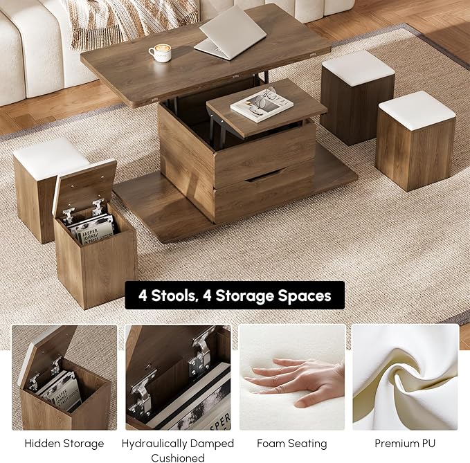 homary Lift-Top Coffee Table with Hidden Storage, 3-in-1 Modern Folding Center Table with 4 Stools, Casters, and Lockable Wheels – Convertible Dining & Office Table for Living Room (Walnut)