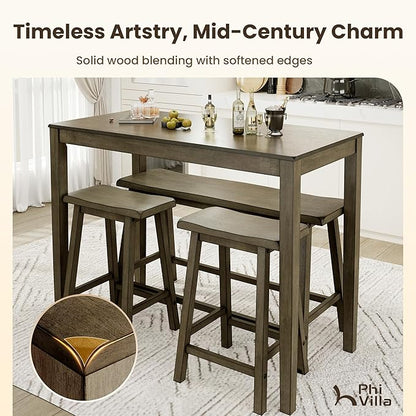 PHI VILLA Dining Table Set for 4, Counter Height Dining Table with 2 Chairs and 1 Bench, Solid Wood Table Sets for Farmhouse, Rustic Kitchen and Dining Room Table Set with Chairs, Smoky Brown