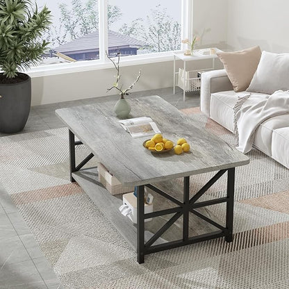 AWQM Gray Coffee Table for Living Room with Round Corners, 2 Tier Living Room Table with Storage Shelf,Rectangular Coffee Table Center Table for Small Spaces,Easy Assembly
