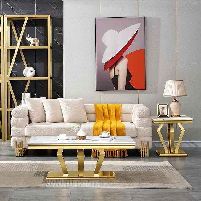 Living Room Table Set, 2-Piece Table Set Includes Coffee Table & End Tables, White and Gold Table Set for Home Apartment Office