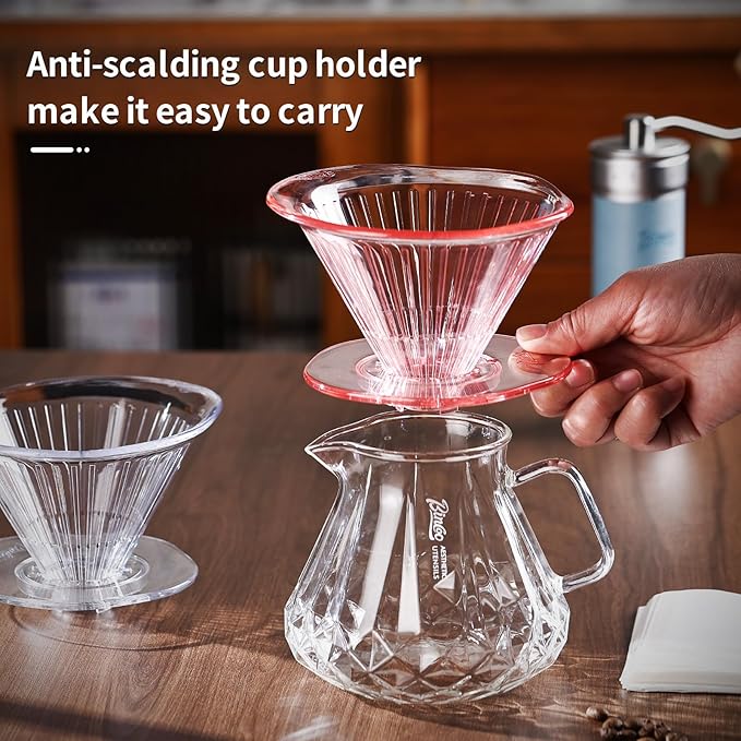 Bincoo Pour Over Coffee Dripper and Filters 2-4 Cups Size 02,Safe Tritan Plastic Coffee Dripper with 50pcs Filters Paper,Slow Brewing Coffee Pour Over for Cafe,Travel,Home(Pink)