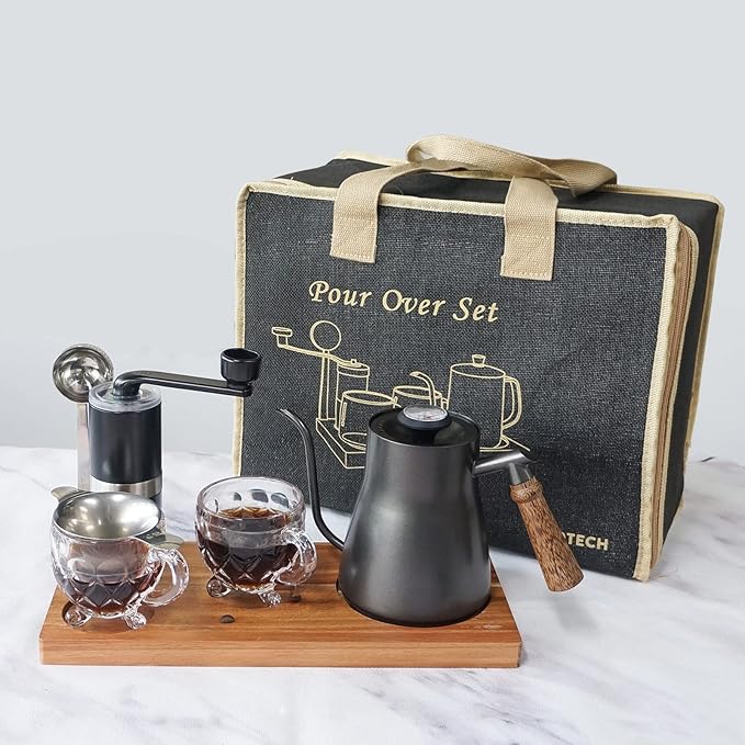 SOTECH Portable Coffee Maker Set Tea Set And Tray; Manual Grinder; Stainless Steel Scoop & 2 Glass Cups and Wooden Tray
