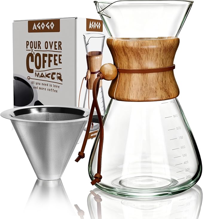 AGOGO Pour Over Coffee Maker Glass - 6/8/10 Cup Barista Kit with 304 Stainless Filter for Home, Office, Camping, Cafes - Easy Clean Coffee Dripper Set (Rag&Brush Included) (10 Cup/34 oz-Slim Shape)