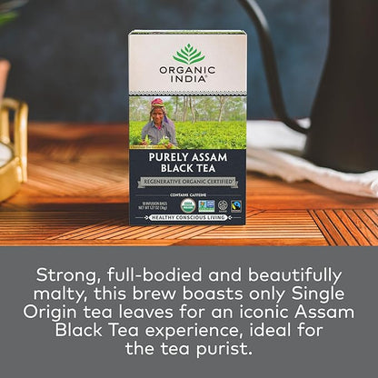 Organic India Purely Assam Black Tea - Caffeinated Herbal Tea Bags with Natural Assam Leaves, Enjoy with Milk & Sweetener, USDA Organic, Non-GMO, Fairtrade Certified - 18 Bags (Pack of 6)