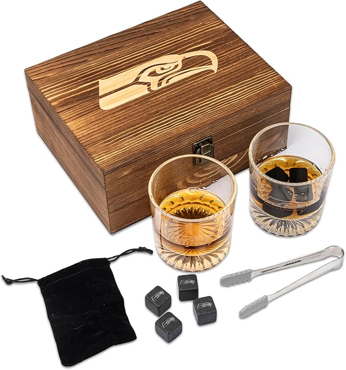 The Memory Company Officially Licensed NFL Wood Boxed Drinkware Set, with 2 Rocks Glasses and Cooling Cubes, Seattle Seahawks