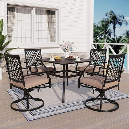 PHI VILLA Outdoor Metal Swivel Chairs Set of 2 Patio Dining Chair with Cushion Furniture Set for Garden Backyard Bistro, Small Grid, Black