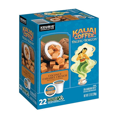 Kauai Coffee K-Cup Pods for Keurig Brewers – Arabica Coffee, 10% Hawaiian – Medium Roast, Nutty Caramel with Tropical Coconut – Coconut Caramel Crunch, 1 Pack of 22 Single Serve K-Cups