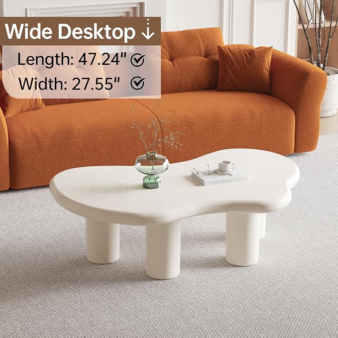 Cloud Coffee Table, Irregular Cream White Coffee Table with 4 Legs, Modern Center Table for Living Room, Indoor Tea Table, Easy Assembly