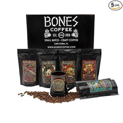 Bones Coffee Company NEW World Tour Sample Pack Box Set with Specialty Coffee Mug, 5 Assorted Single-Origin Low Acid Medium Roast Arabica Beans Flavored Coffee Gifts, 4 oz Pack of 5 Whole Bean