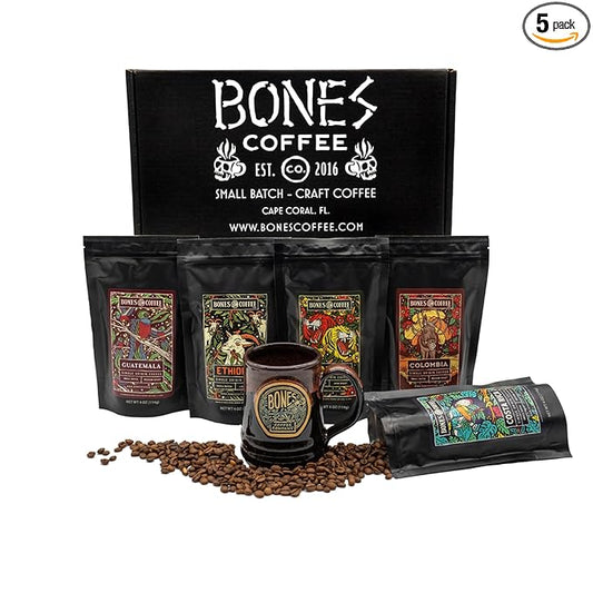 Bones Coffee Company NEW World Tour Sample Pack Box Set with Specialty Coffee Mug, 5 Assorted Single-Origin Low Acid Medium Roast Arabica Beans Flavored Coffee Gifts, 4 oz Pack of 5 Whole Bean