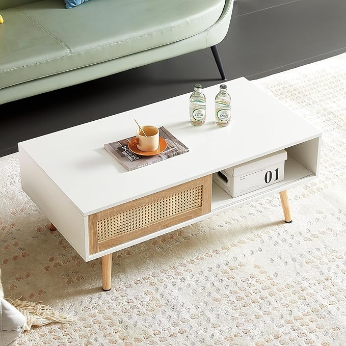 Mid Century Modern Coffee Table with Storage, 41.3 Inch Rectangle Wooden Accent Center Sofa Table with Sliding PE Rattan Woven Door Panel and Solid Wood Legs, Suitable for Living Room, Apartment