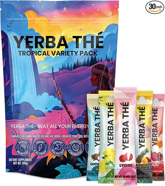 Yerba Mate Powder - Gut Health Support Drink - Probiotics & Prebiotics - Reduce Brain Fog, Relaxation & Focus - Natural Yerba Mate Clean Energy - Mixed Fruit Flavors - Sugar-Free - 30 Sachets