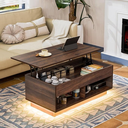 HOMMPA Modern Lift Top Coffee Table with Storage for Living Room LED Coffee Table Wodden Lift Tabletop Dining Table with Hidden Compartment and Metal Frame, Walnut