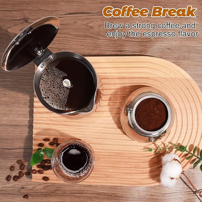 No Coating 4 Cup Thickened 304 Stainless Steel Moka Pot Stovetop Espresso Maker Italian Coffee Machine 200ml 6.8oz Suitable for Gas Induction Stovetop Greca Coffee Maker Percolator