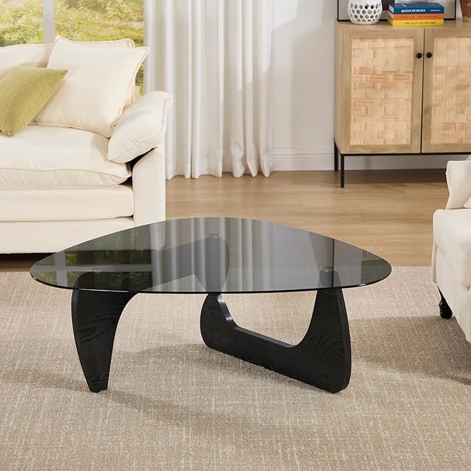 Modern Noguchi Coffee Table, Triangle Coffee Table with Tempered Glass Modern Vintage Glass Tea Table Wood Glass Accent Center Table for Living Room, 44.5”x32”x16.5”, Black Grey