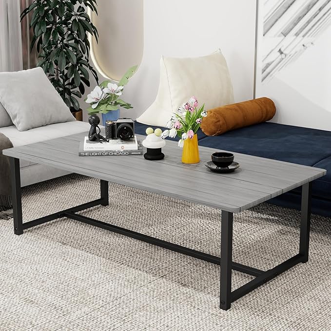 Farmhouse Coffee Table Rectangular Center Table for Living Room Table Wooden Tabletop with Metal Frame,Mid Century Modern Design,Easy Assembly,Wood Coffee Table,Grey