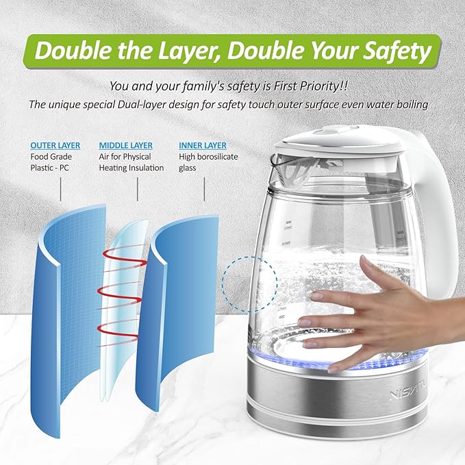 Glass & Stainless Steel Cordless Electric kettle for boiling water, Hot water boiler Electric Tea Kettle automatic shut off Boil-Dry Protection, PC Outer + Glass Inner, 1500W, 1.7L, WH
