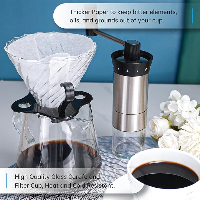 SuperCook Hand Drip Pour Over Coffee Set, All in One Includes Gooseneck Kettle, V60 Glass Dripper, Paper Filter, Cups, Manual Grinder, Scale, Ideal for Anniversary Birthday Gift