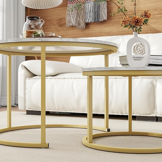 Round Coffee Table Set of 2 End Tables for Living Room,Circular and Marble Nesting Coffee Table Wooden Accent Furniture with Golden Metal Frame,Stacking Side Tables,White