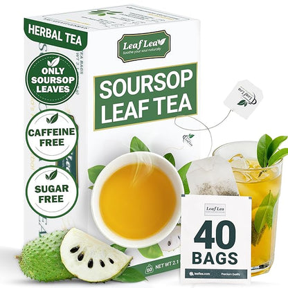 LeafLea 40 Premium Soursop Leaf Tea Bags, Pure & Natural Sour Sop Leaves, Graviola Leaves Tea, Hoja Guanabana Tea, Natural Digestion Support Herbal Tea Bags, Nutrient-Rich, No Sugar, No Caffeine