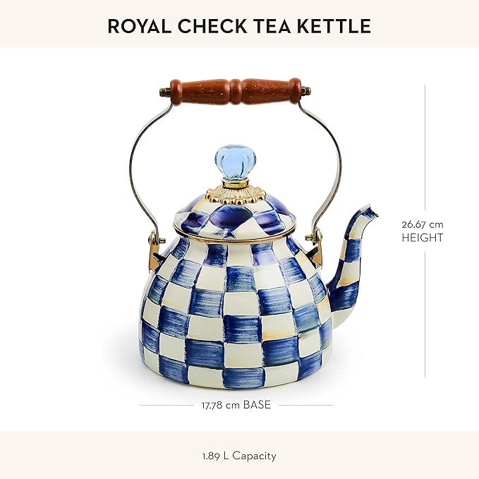 MACKENZIE-CHILDS Enamel Tea Kettle, Stylish Tea Kettle for Stovetop, Blue-and-White Royal Check, 2 Quarts