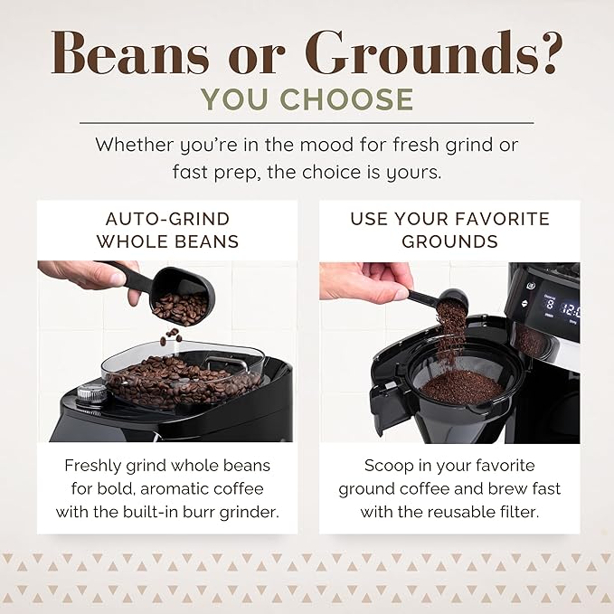 12-Cup Digital Drip Coffee Maker with Built-In Burr Grinder | Programmable Coffee Machine | Reusable Filter and Refillable Water Tank | Warming Plate with Glass Coffee Pot