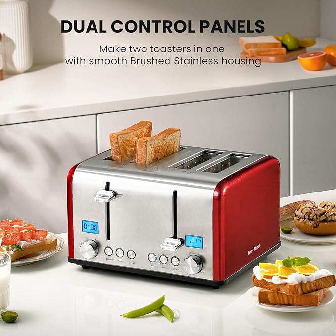 Roter Mond Countdown Stainless Steel 4 Slice Toaster with Bagel, Defrost, Cancel Function, Dual Toaster, Extra Wide Slots, 6 Shade Settings, Removable Crumb Trays, 1650W, Red