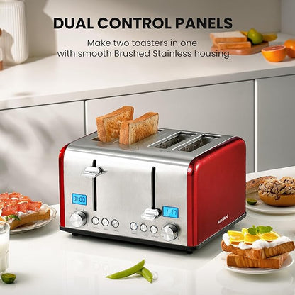 Roter Mond Countdown Stainless Steel 4 Slice Toaster with Bagel, Defrost, Cancel Function, Dual Toaster, Extra Wide Slots, 6 Shade Settings, Removable Crumb Trays, 1650W, Red