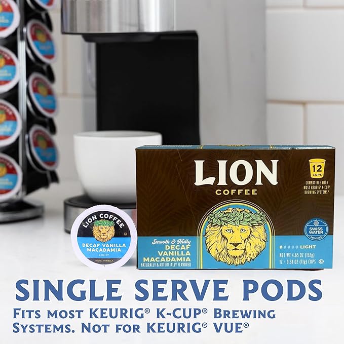 Lion Coffee Swiss Water DECAF Vanilla Macadamia Medium Roast Coffee Pods - Single-Serve Pods - Hawaiian Inspired Flavor - Arabica Coffee - Compatible with Single - Serve Brewing Systems - 12 Count Box