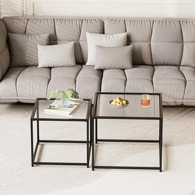 VILAWLENCE Coffee Table Set of 2, Modern Black Glass Side Table, Metal Frame Square End Table, Center Tables, Nesting Coffee Table for Living Room, Bedroom and Small Spaces, 23.6 in