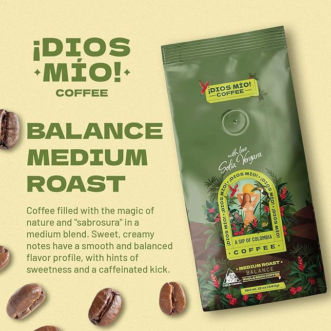 Dios Mio Coffee by Sofia Vergara, Medium Roast, Whole Bean Premium Colombian Coffee, 12 Ounce Bag (Pack of 2)