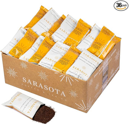 Sarasota Coffee Ground Packets | Gourmet Medium Roast Bulk Packs | Breakfast Blend | Low Acid Mold Free Individual Single Pot Pouches for 12 Cup Coffee Maker | 2 Ounce Bags, 36 Count