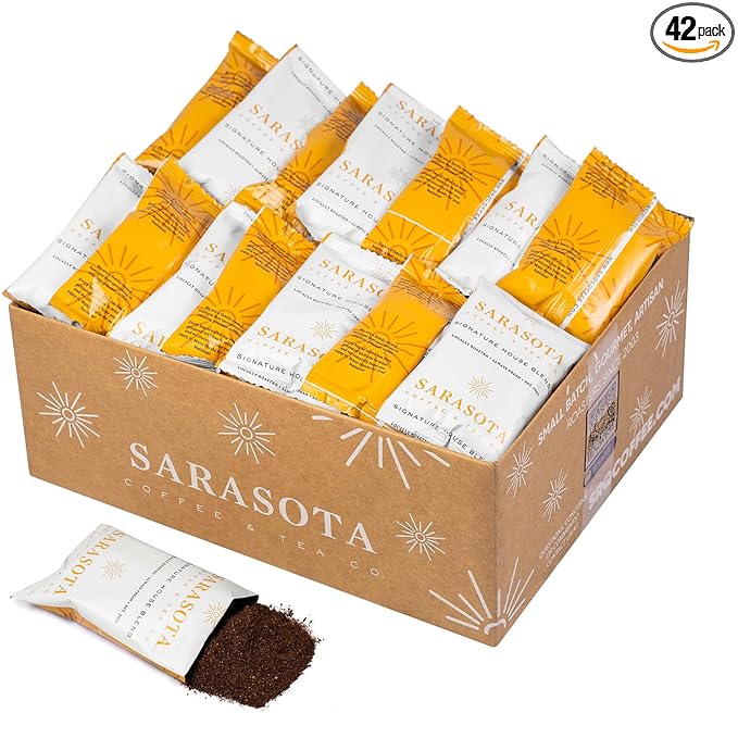 Sarasota Coffee Ground Packets | Gourmet Medium Roast Bulk Coffee Packs | Breakfast Blend | Low Acid Mold Free Singles Individual Pouches for 12 Cup Coffee Maker | 1.5 Ounce Bags, 42 Count