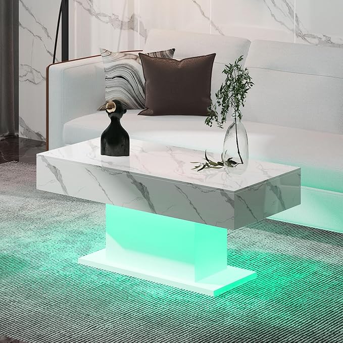 Led Coffee Table for Living Room, Living Room Table Rectangular Center Table, Modern High Glossy Wooden Coffee Tables with 16 Colors LED Lights for Dining Reception Room, White Marble