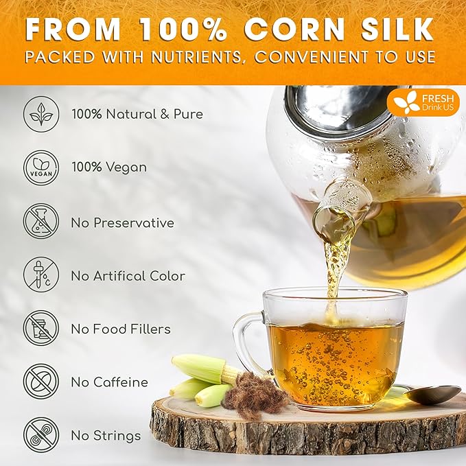 FreshDrinkUS, Premium 75 Tea Bags Corn Silk Tea, 100% Natural & Pure from Corn Silk. Herbal Tea. Clean Ingredients. Made with Natural Material Tea Bags. No Sugar, No Caffeine, Vegan.