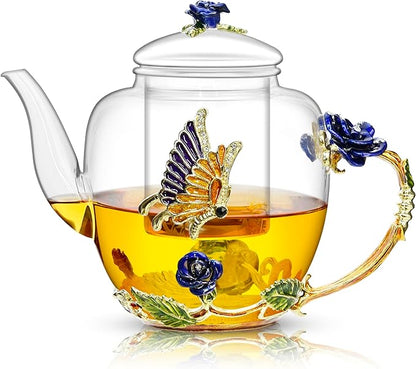 46oz/1300ml Enamel Glass Teapot With Rose Flower Butterfly And Gold Edge,Blue Rose Teapot With Infuser And Lid For Mom,Women,Mother,Birthday