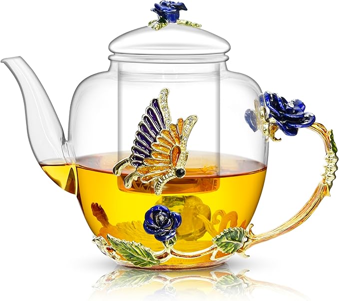 46oz/1300ml Enamel Glass Teapot With Rose Flower Butterfly And Gold Edge,Blue Rose Teapot With Infuser And Lid For Mom,Women,Mother,Birthday