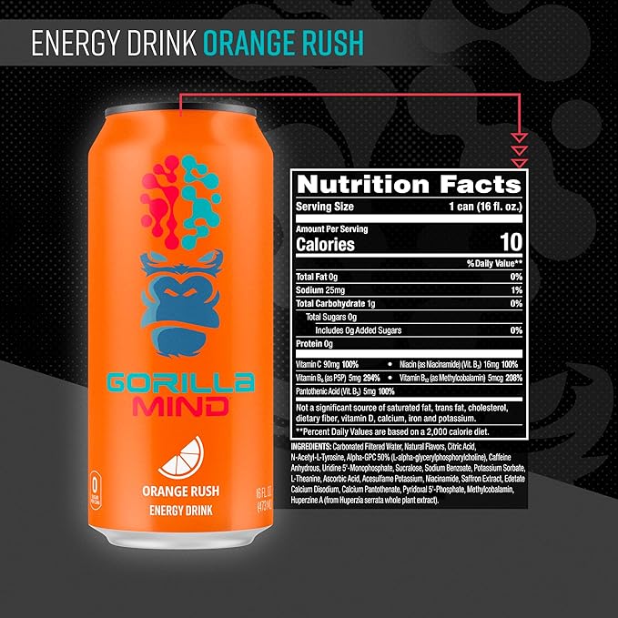 Gorilla Mind Energy Drink | Unmatched Energy · Amplified Focus | N-Acetyl-L-Tyrosine, Alpha-GPC, 200mg Caffeine, Uridine, Saffron | 0 Sugar Or Artificial Colors | 16oz, 12-Pack (Orange Rush)