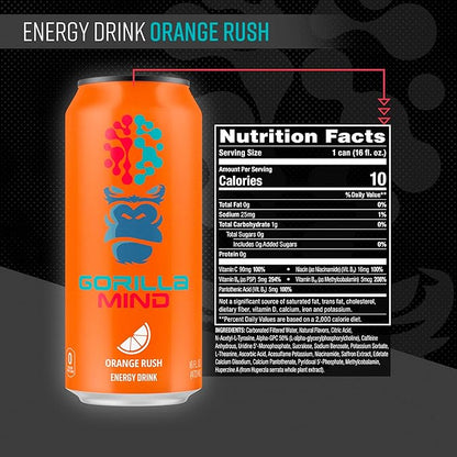 Gorilla Mind Energy Drink | Unmatched Energy · Amplified Focus | N-Acetyl-L-Tyrosine, Alpha-GPC, 200mg Caffeine, Uridine, Saffron | 0 Sugar Or Artificial Colors | 16oz, 12-Pack (Orange Rush)