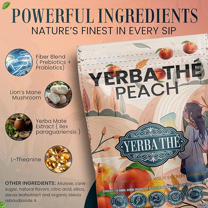 Ancient Diosa - Yerba Mate Tea Powder 350g, 35-Servings - Peach Flavor Clean Energy Drink Superfood - Support Gut Health with Probiotics and Prebiotics, Reduce Brain Fog, Relaxation and Focus Blend