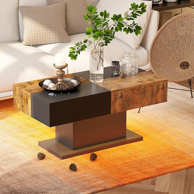 Led Coffee Table for Living Room, Living Room Table Rectangular Center Table, Modern Wooden Coffee Tables with 16 Colors LED Lights for Dining Reception Room