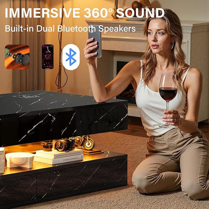 LED Coffee Table, 47.2" Coffee Tables with Storage Drawers, Smart Living Room Table with Wireless Charging & Bluetooth Speaker,Modern Center Tables for Living Room, Black Marble