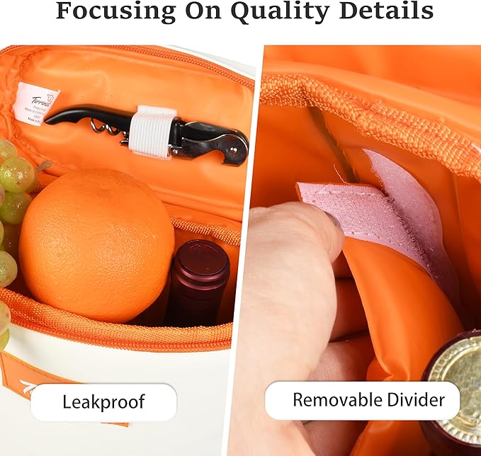 Tirrinia 2 Bottle Wine Gift Tote Carrier - Leakproof & Insulated with large pockets Wine Cooler Bag for Travel, Wine Tasting, Party, Dinner, Great Gift for Wine Lover,White Orange