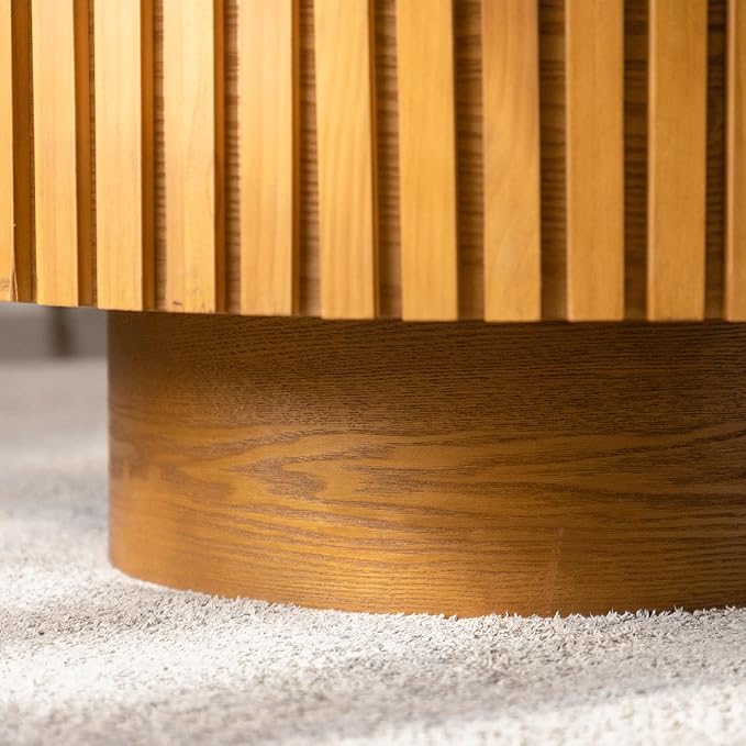 39.37 Inch Round Drum Coffee Table, Modern Handcraft Fluted Drum Coffee Table, Wooden Round Coffee Table Center Table with Sturdy Pedestal for Living Room Apartment (Wood Color)