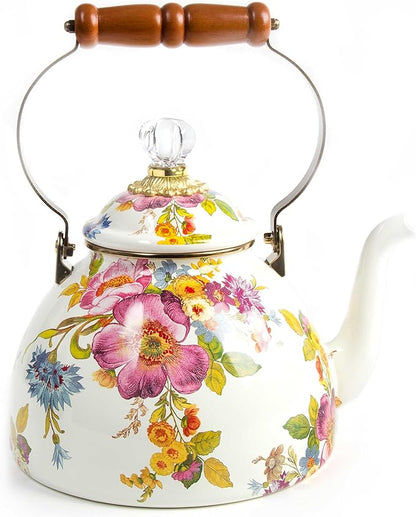 MACKENZIE-CHILDS Enamel Tea Kettle, Stylish Tea Kettle for Stovetop, White Flower Market, 3 Quarts