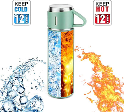 Stainless Steel Thermo 500ml/16.9oz Vacuum Insulated Bottle with Cup for Coffee Hot drink and Cold drink water flask.(Green,Set)