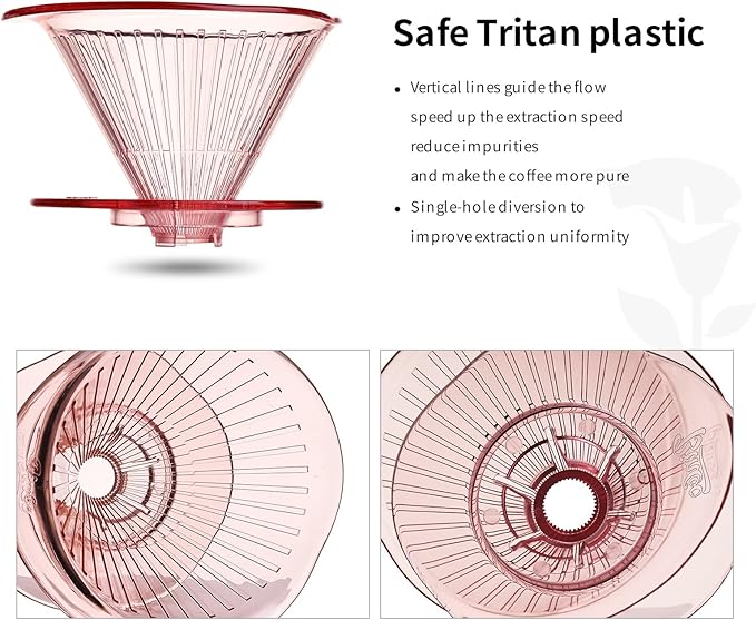 Bincoo Pour Over Coffee Dripper and Filters 2-4 Cups Size 02,Safe Tritan Plastic Coffee Dripper with 50pcs Filters Paper,Slow Brewing Coffee Pour Over for Cafe,Travel,Home(Pink)