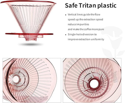 Bincoo Pour Over Coffee Dripper and Filters 2-4 Cups Size 02,Safe Tritan Plastic Coffee Dripper with 50pcs Filters Paper,Slow Brewing Coffee Pour Over for Cafe,Travel,Home(Pink)